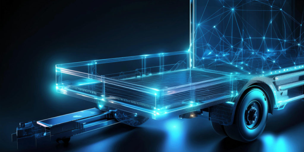 trailer illuminated in neon blue lights
