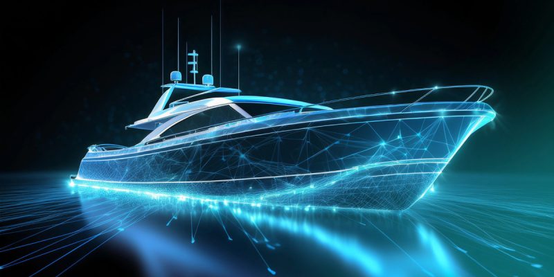 boat sailing on water illuminated in neon blue light