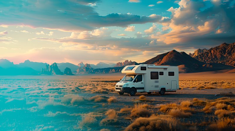 Luxury motorhome parked in a scenic national park blending the comforts of home with the freedom of the outdoors  A transportation and travel concept with ample copy space